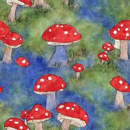 Mushrooms With Red Cap on Green Blue Background free seamless pattern
