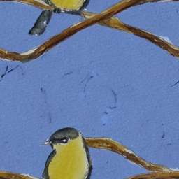 Great Yellow Tit on Branch Water Color free seamless pattern