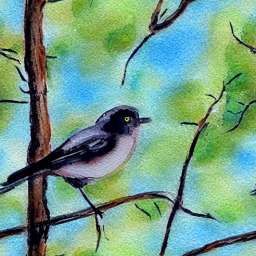 Great Tit on Branch Water Color Green Blue BG free seamless pattern