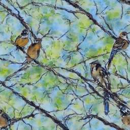 Tiny Brown Black Birds Sitting on a Tree free seamless pattern